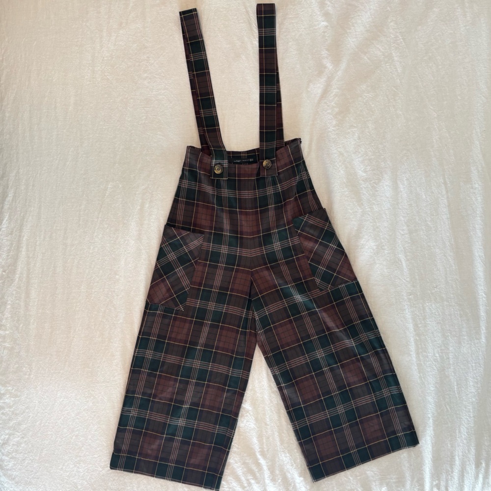 Zara Plaid Suspender Pants Women High Waist Tartan Wide Leg Dark Academia Preppy